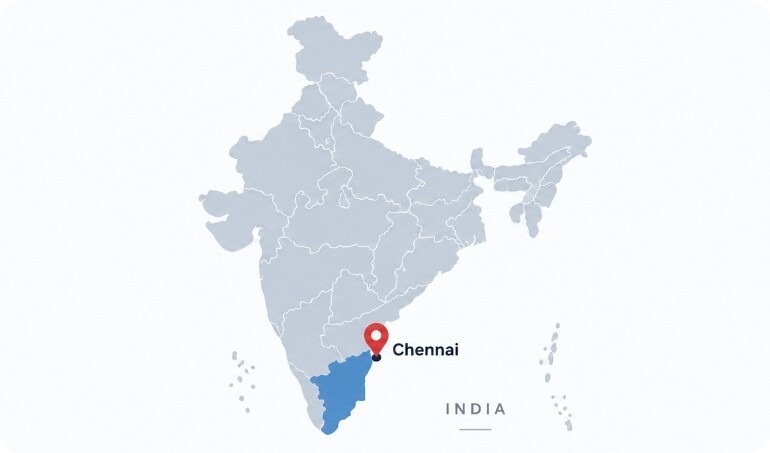 Map of India highlighting Chennai, Tamil Nadu